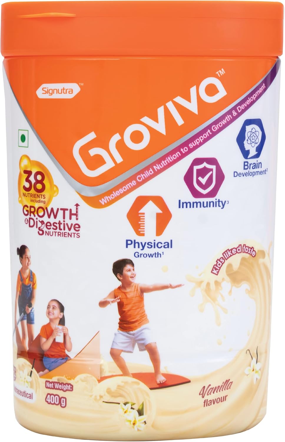 Groviva Customized Health & Nutrition Drink for Kids – Supports Digestion, Physical Growth, Immunity & Brain Development – Vanilla Flavour 400g (Jar) Groviva Customized Health & Nutrition Drink for Kids – Supports Digestion, Physical Growth, Immunity & Brain Development – Vanilla Flavour 400g (Jar)