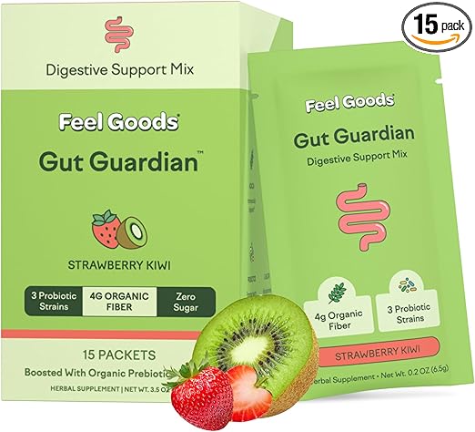 Feel Goods Gut Guardian, Organic Fiber, Probiotic & Prebiotic Powder, Sugar Free, Herbs for Bloat, Gut Health Support, Digestive Health for Men & Women, Non GMO, Vegan, Strawberry Kiwi, 15 Count