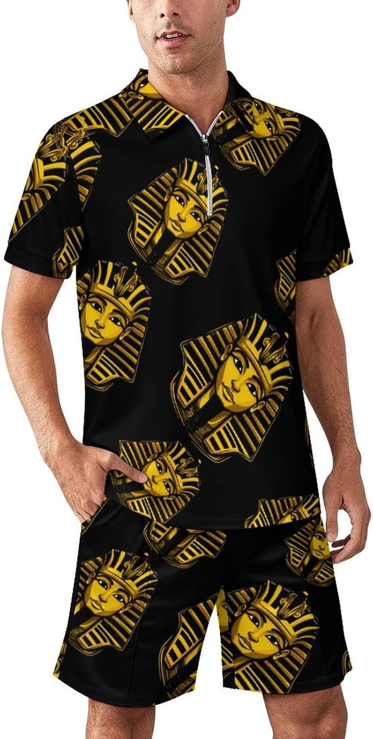 Egyptian Pharaoh King Gold Headdress Mask Mens Polo Shirts Track Suits 2 Piece Short Sleeve Sweatsuit 1/4 Zip Golf Loungewear for Sports