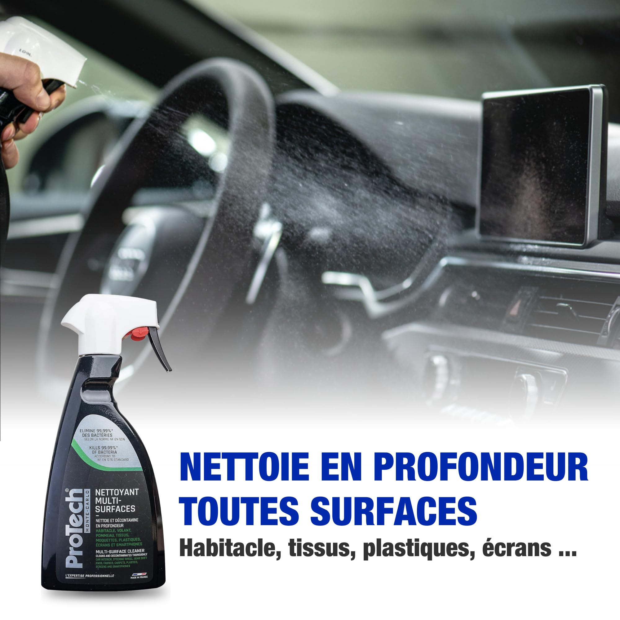 ProTechMC | Kit Nettoyant Voiture Interieur et Extérieur | Nettoyant Multi-Surfaces | Shampoing Carrosserie | Nettoyant Jantes | 3x500 ML | Inclut Microfibre 40x40 cm | Made in France