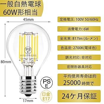 Amazon | Wonninek LED フィラメントミニ電球 E17口金 電球色 6W