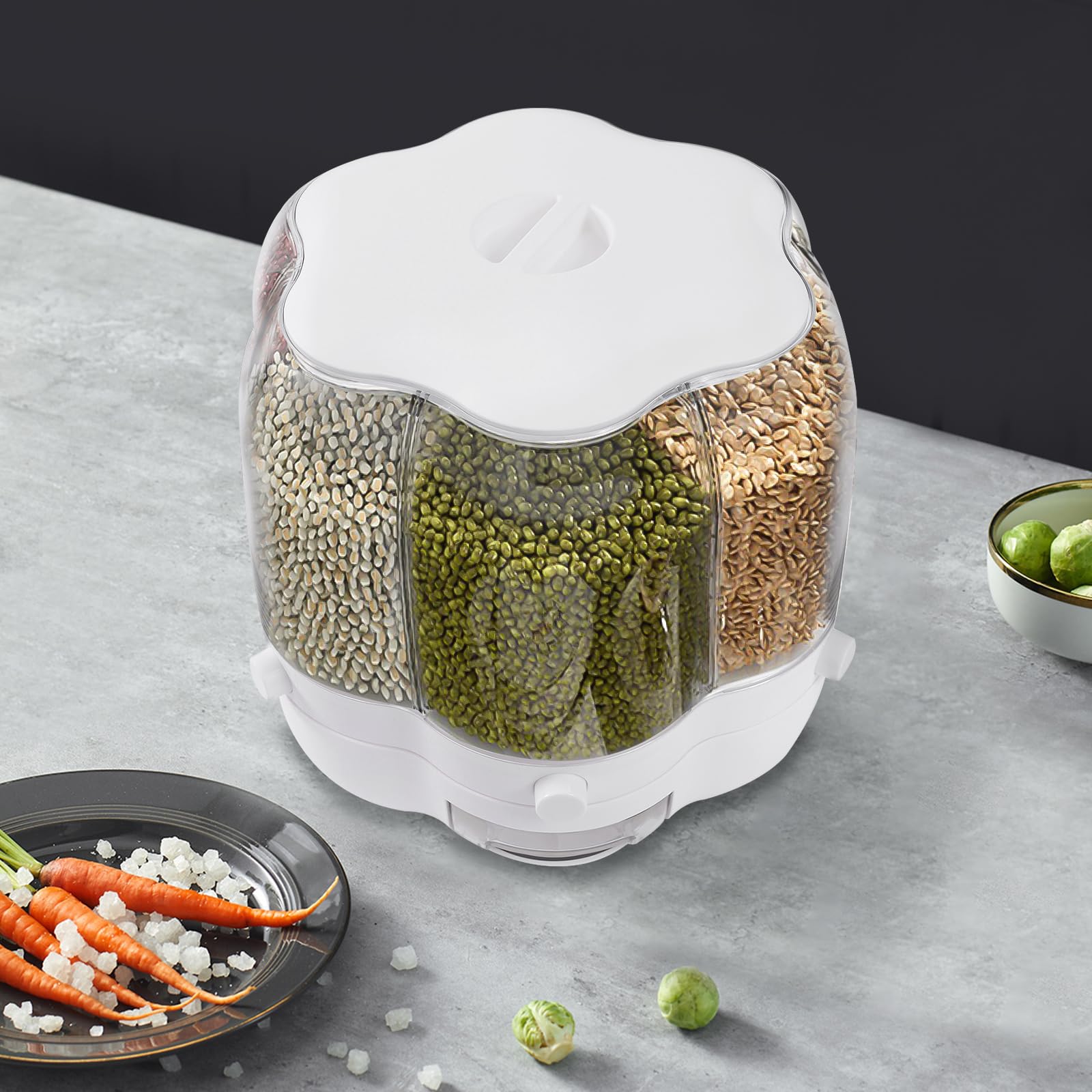 Dispenser girevole per cereali, 6 scomparti, girevole a 360°, trasparente, per farina di riso e noci in cucina e dispensa