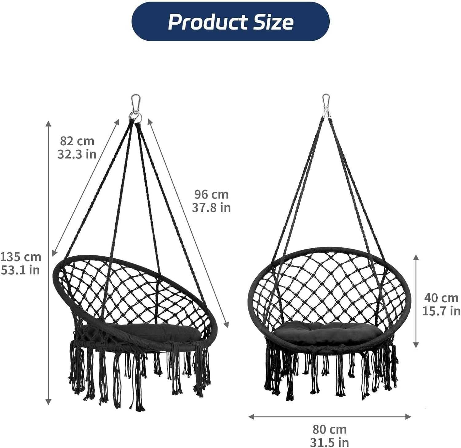 Vohala Foldable Cotton Hanging Chair Swing, Ultra-Comfort Hammock Chair with Thick Cushion, Heavy Duty 360lbs Swing Chair Outdoor Includes Hanging Kit, Hanging Chair for Bedroom/Patio (Black)