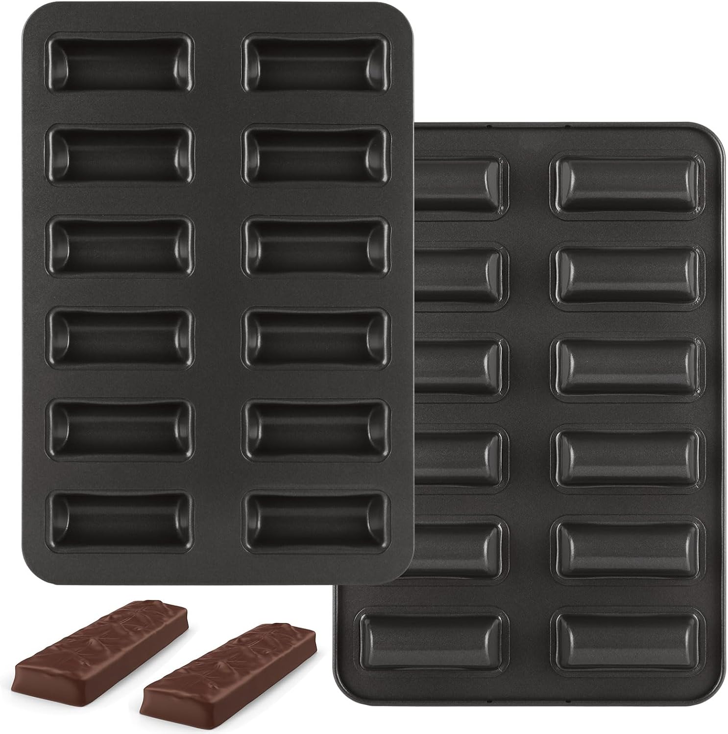 2 Pack Financier Cake Baking Pan, 12-Cavity Non-Stick Rectangle Muffin Pan, Carbon Steel Financier Cake Mold, Biscuits Cookies Bakeware for Oven Baking – Black