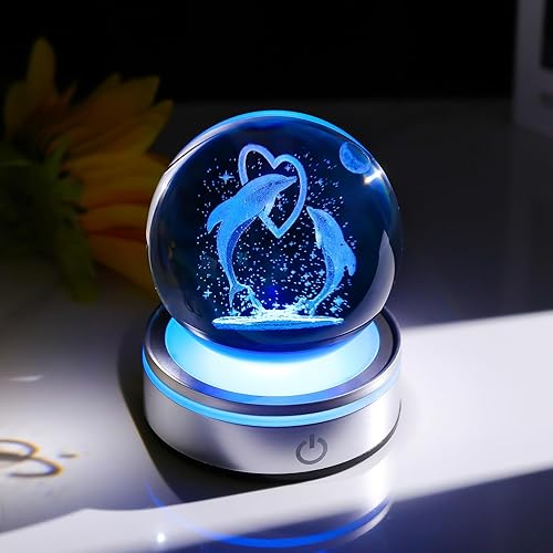 Miniatura 5 de Figura de bola de delfines 3D de cristal de 3.15 pulgadas, regalos para mujeres, arte de animales de cristal coleccionable para habitación con base