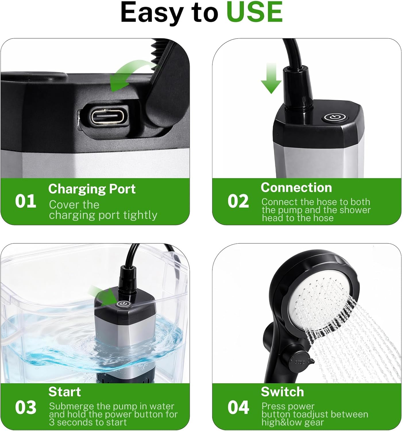 Portable Camping Shower with Heater, Long-Lasting 6000mAh Rechargeable Camping Shower with Sprayer Head,4 Spray Modes,IPX7 Waterproof Outdoor Camp Pump for Hiking, Travel, Car, Pet