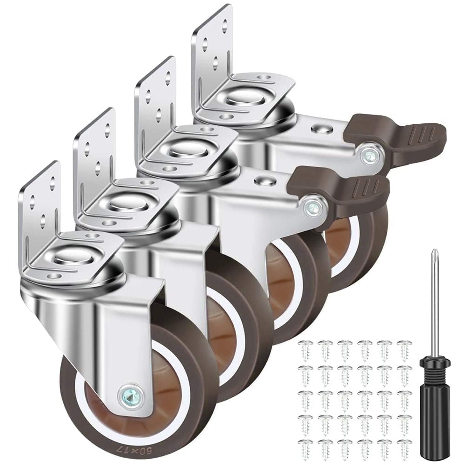 4 L-förmige Rollen für Möbel, 50mm Lenkrollen mit Bremse | 30 Schrauben | 360° Drehbar Möbelrollen,Transportrollen Schwerlastrollen(2 Lenkrollen,2 Bremsrollen) für Krippen,Möbel,Blumenständer