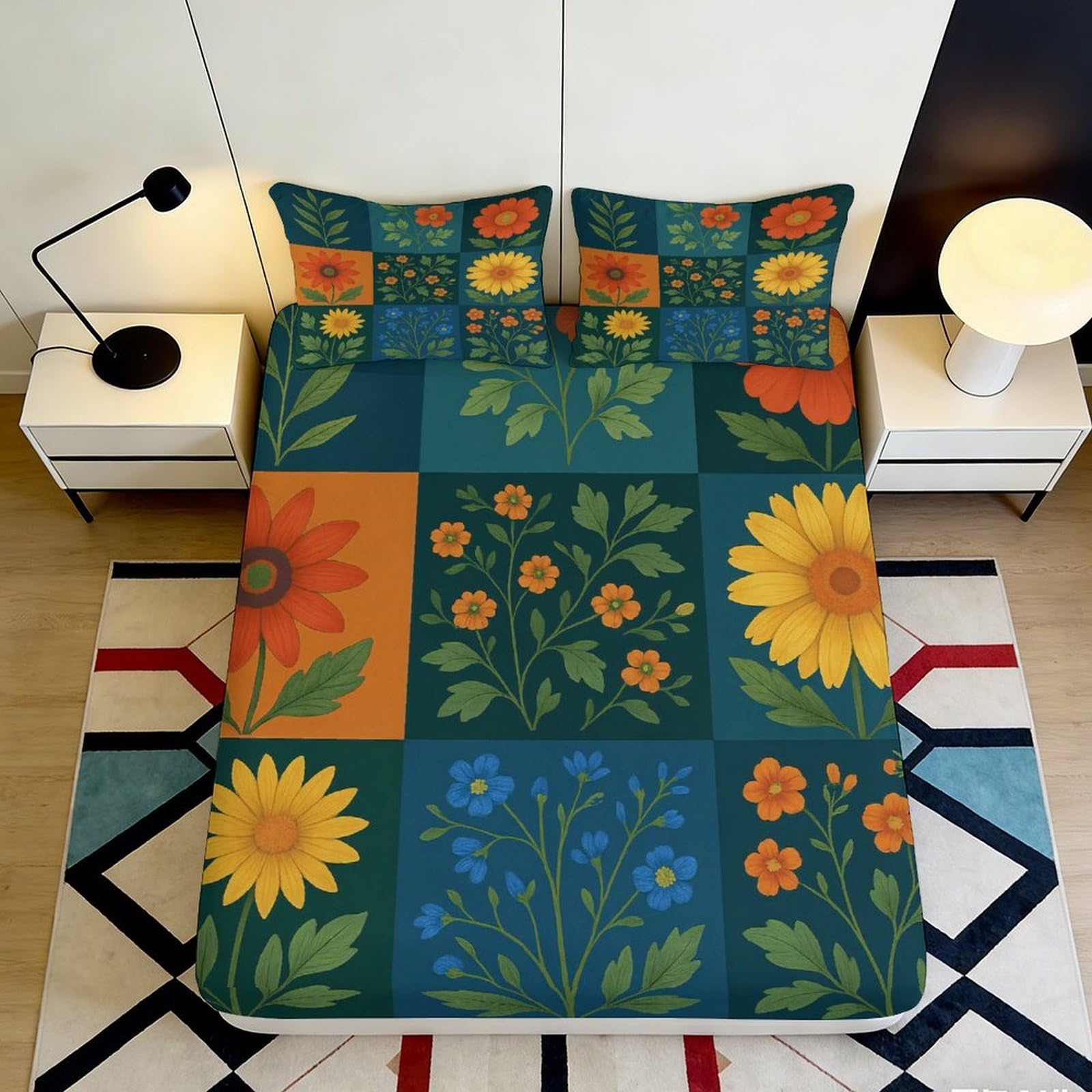 3D Printed Botanical Fitted Sheet Microfiber Deep Pocket Bedroom Bedding Botanical Mattress Fitted Cover Non-Slip Wrap 90x200x25cm