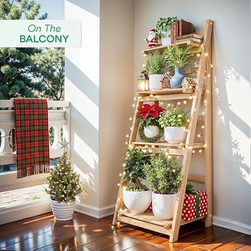 Miniatura 5 de IDZO 4 Tier Wooden Ladder Shelf 44 in Bookcase Ladder Shelf Storage Shelves Rack Shelf Unit for Office and Home 44 x 16.5 inches Natural Marrón