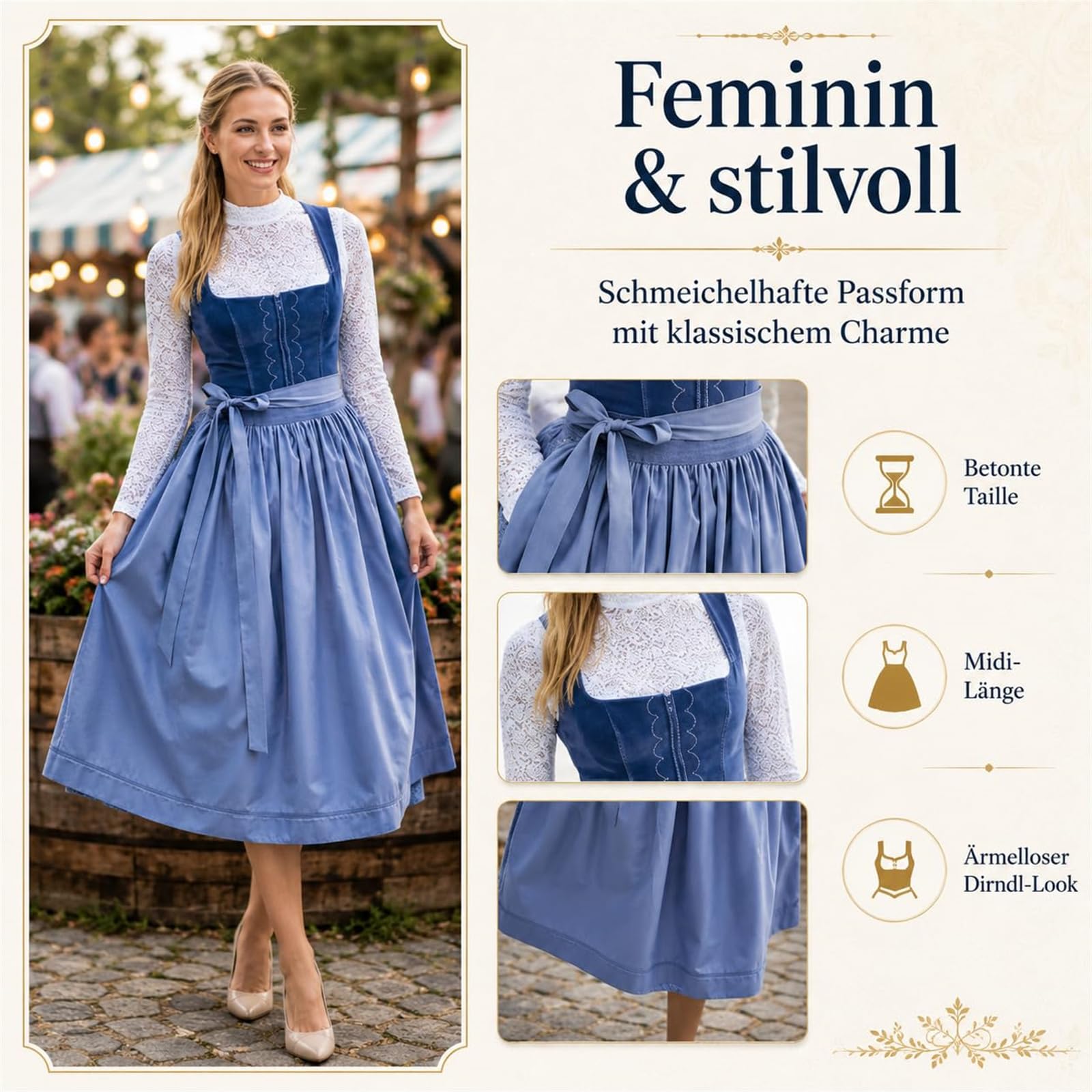 Dirndl Damen, Oktoberfest Outfit Trachtenkleid Set mit Dirndlkleid, Schürze