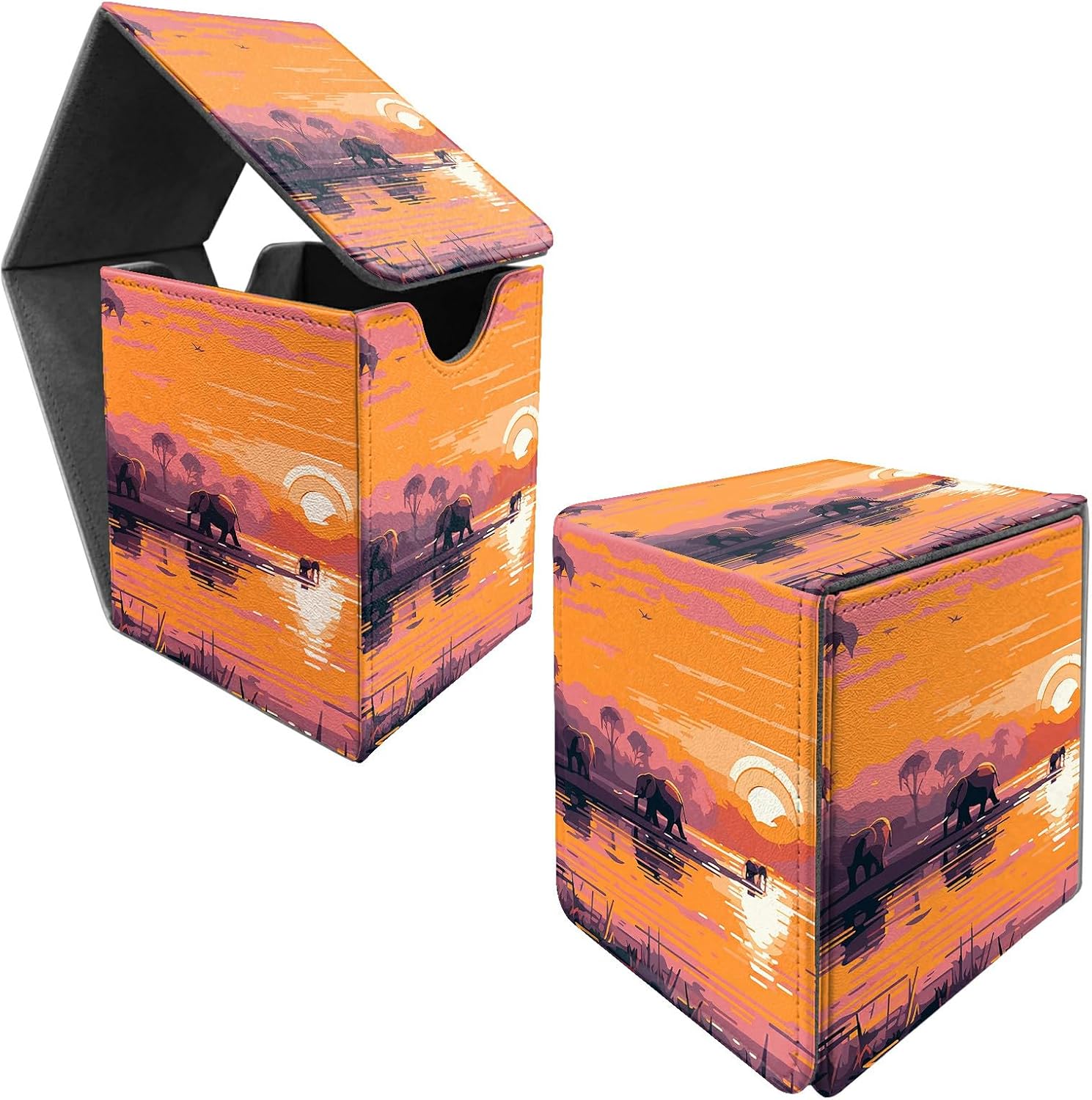 Magnetic Trading Card Deck Box,Elephants Sunset