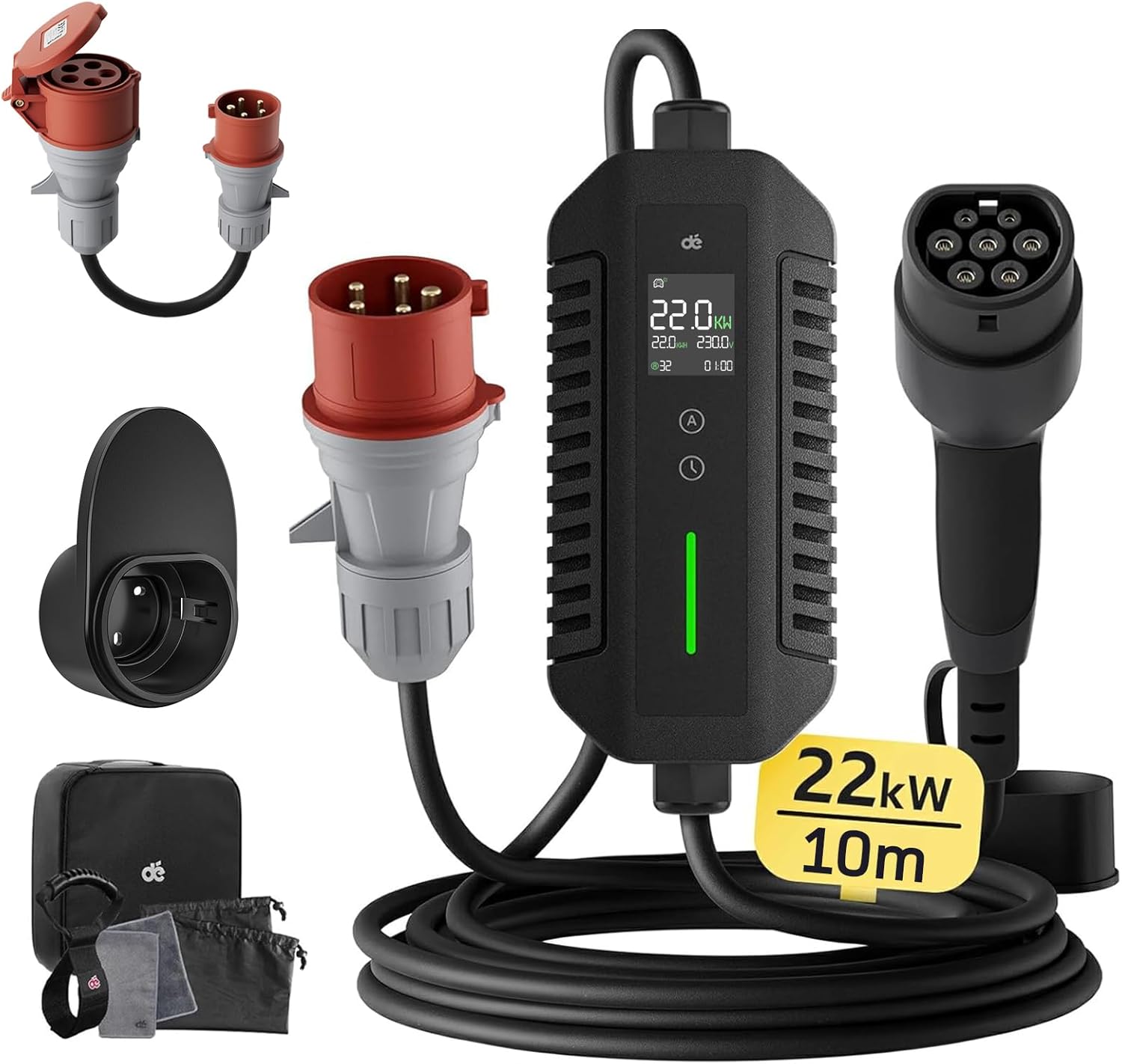 dé Electric Car Charger 22kW (3-Phases, 10 m, 6-32A) with Adjustable Charge, 22kW Electric Vehicle Charger and Mobile Car/Wallbox Charging Station for Model Y/3, e-Tron, Zoe and Other EV/PHEV