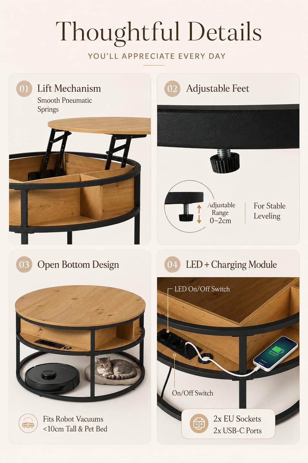 Mesa de Centro Elevable, Mesa de Centro Madera 80 x 80 x 48 cm, Mesa Elevable con Puertos USB y Tipo C, Luz LED y Compartimento Oculto, Mesa Auxiliar Sofa con Almacenamiento, Mesa Redonda