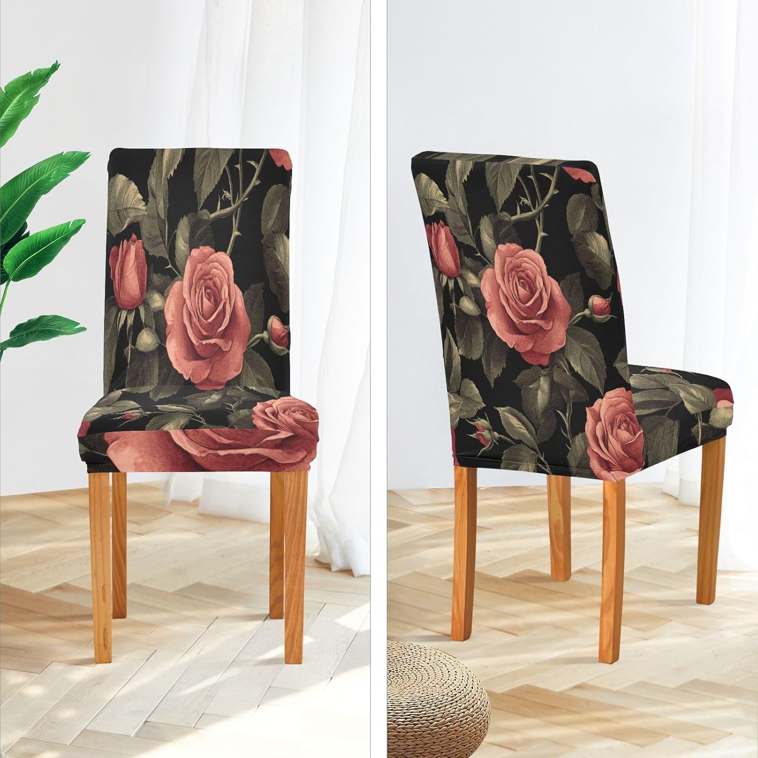 ALAZA Chair Covers for Dining Room, Vintage Red Rose on Black Stretch Chair Cover Sets Chair Protector Removable Washable for Ktichen Restaurant Hotel