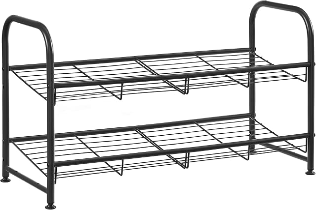SONGMICS 2-poziomowa szafka na buty do układania w stosy, do 8 par, metal, 68,5 x 27,5 x 37 cm, na wysokie obcasy, trampki, kapcie, wejście, czarny LMR065B01