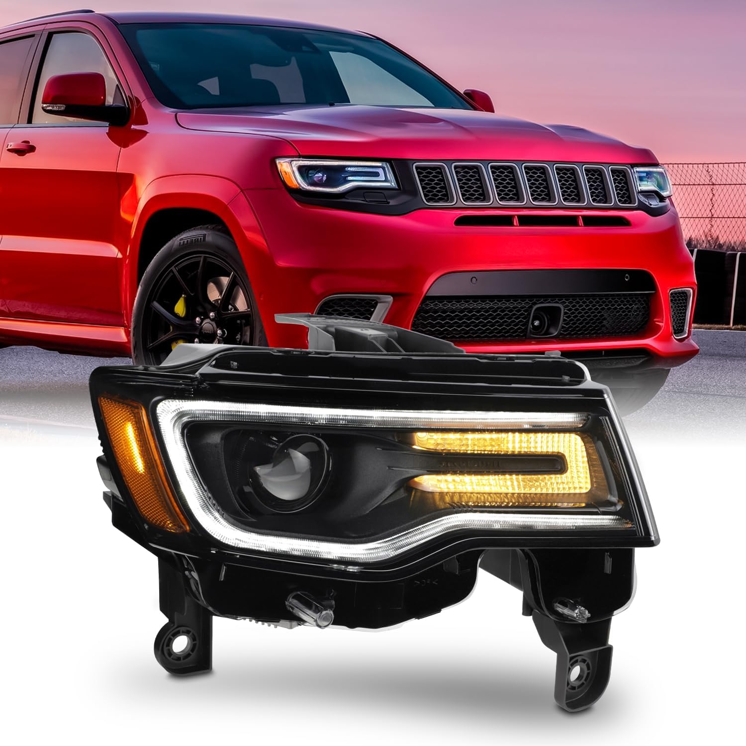 AKKON - Fit 2017-2021 Jeep Grand Cherokee [HID/Xenon] Black Bezel Headlight Passenger w/Auto Leveling LED Running Signal