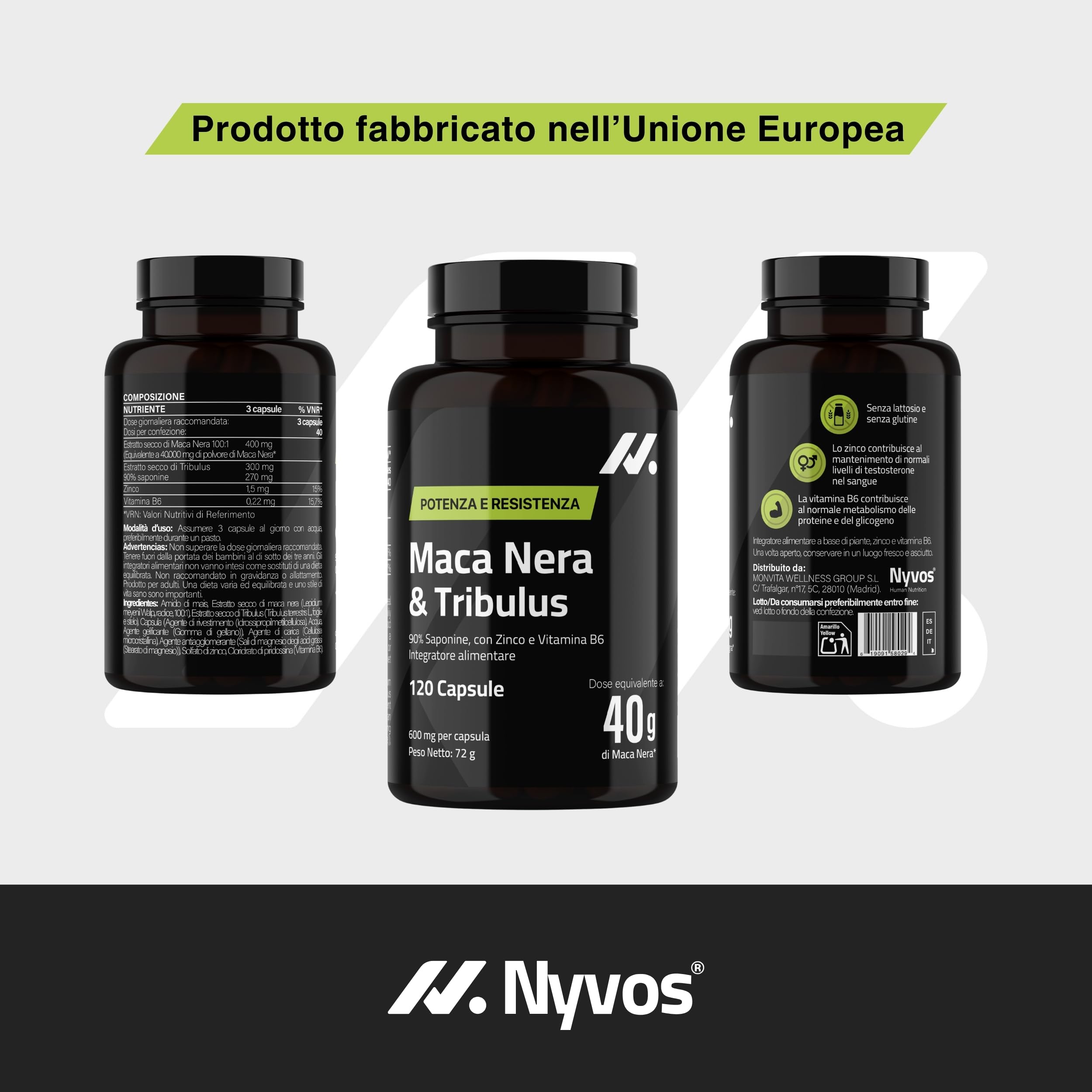 Tribulus Terrestris 90% Saponine + Maca Nera 40.000 mg – con Zinco e Vitamina B6 – 120 Capsule Vegane – Nyvos