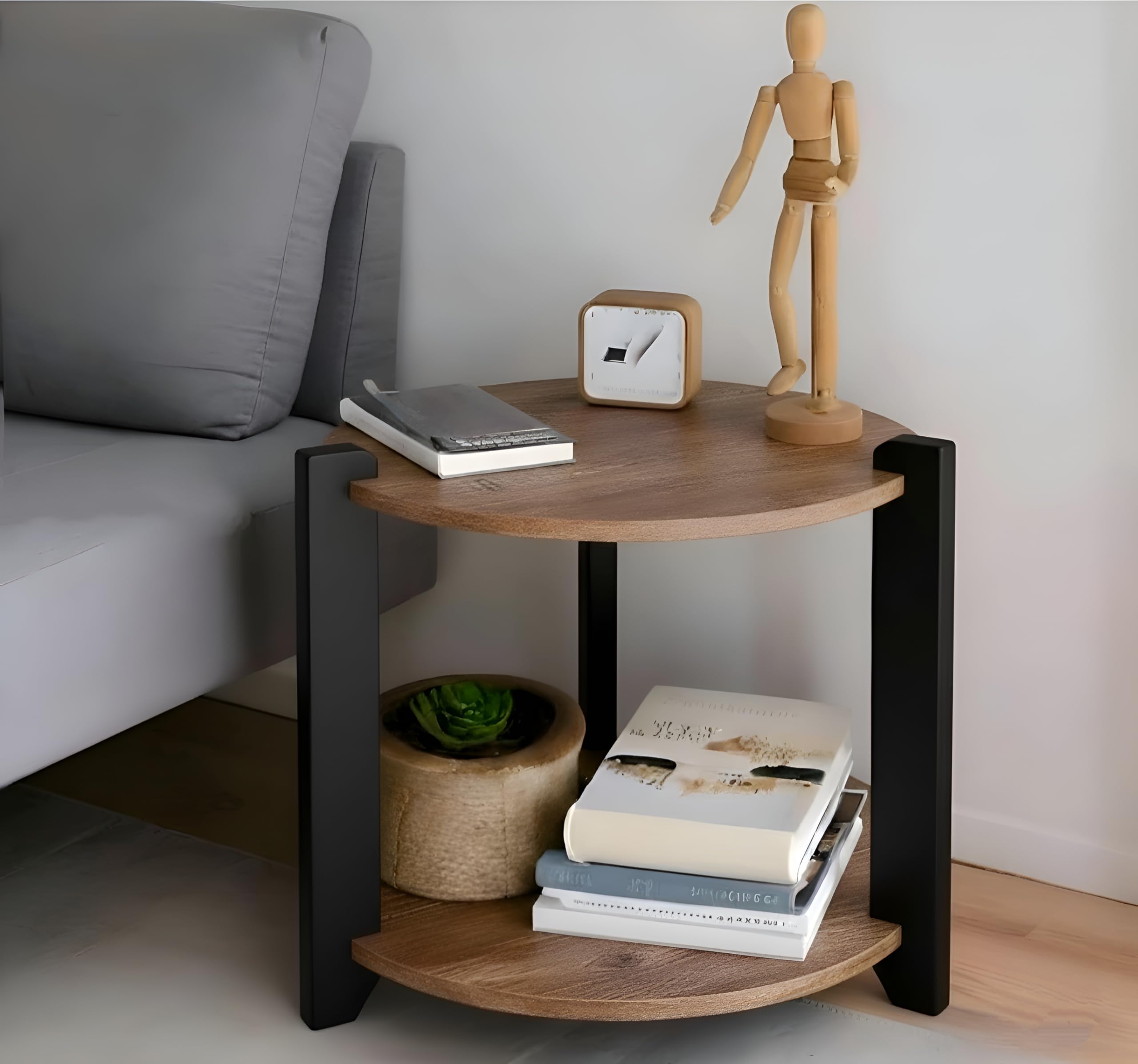 Yookeer Round Coffee Table with 2-Tier Storage Shelf, Walnut Wood Top with Black Metal Legs, 30x36 cm-image-40