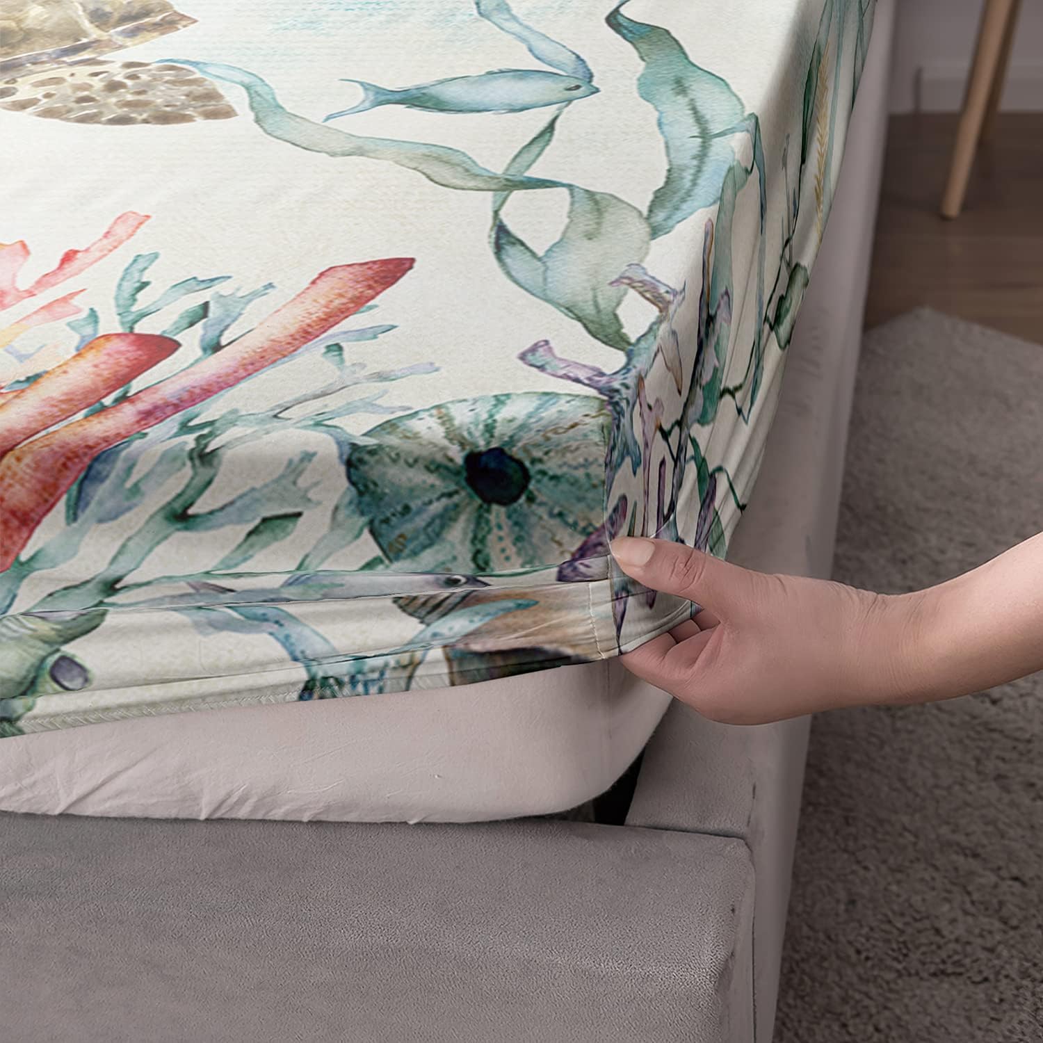 CVHouse Sea Turtle Bed Sheets Set, Queen Size - Watercolor Ocean Bedding with 1 Flat Sheet & 1 Fitted Sheet & 2 Pillow Cases - 4 Pieces