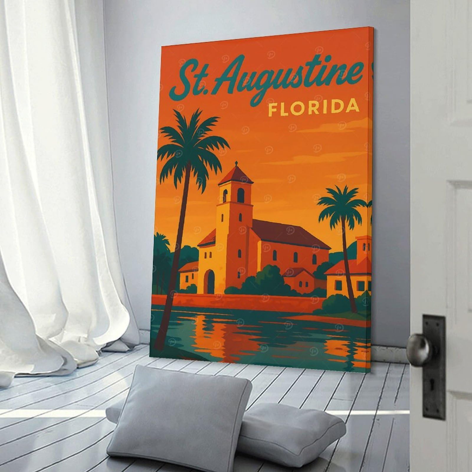 Junmoney Frame-Style-13 Wall Decor Canvas Print St. Augustine Florida Travel Poster, 24X36inch(60X90cm), For Living Spaces, Bedrooms Or Relaxed Rooms, A Home Accent With Warm Character