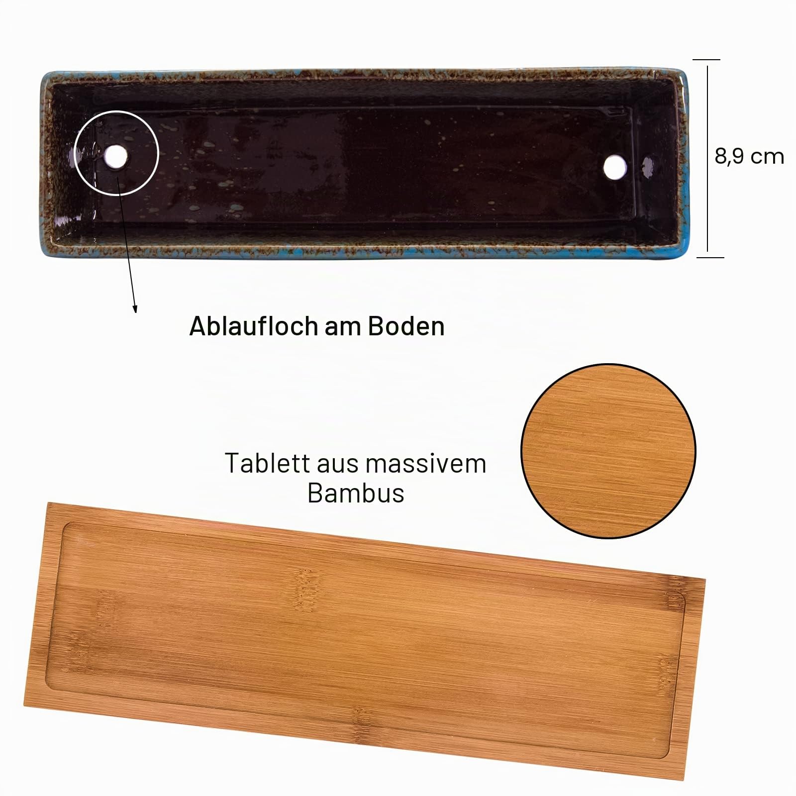 ARTKETTY Keramik-Sukkulenten-Blumentöpfe, 30 cm, modern, lang, rechteckig, Blumenbehälter mit Tablett, Flacher Kaktus-Bonsai-Fensterkasten mit Drainage, für Innen- und Außenbereich, Heimdekoration