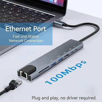 USB C Hub with Ethernet Adapter, 8 In 1 USB-C Multiport Adapter with 100W PD, 4K HDMI, USB 3.0/2.0, Type-C Port, SD/TF Card Reader, Type C Hub for MacBook, Acer, Laptops, Surface, iPad, and More