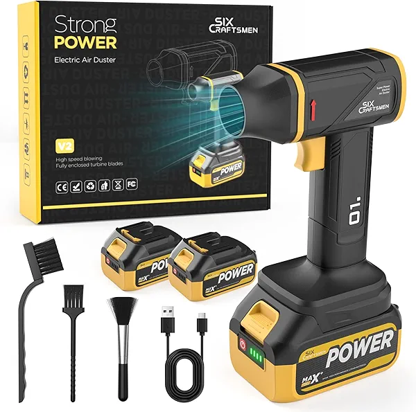 Compressed Air Duster with 180000RPM Super Power, Cordless Electric Air Duster with 2x3000mAh Rechargeable Batteries, Powerful Portable Mini Dust Blower for Car,Keyboard,Computer,Outdoor,House(Yellow)