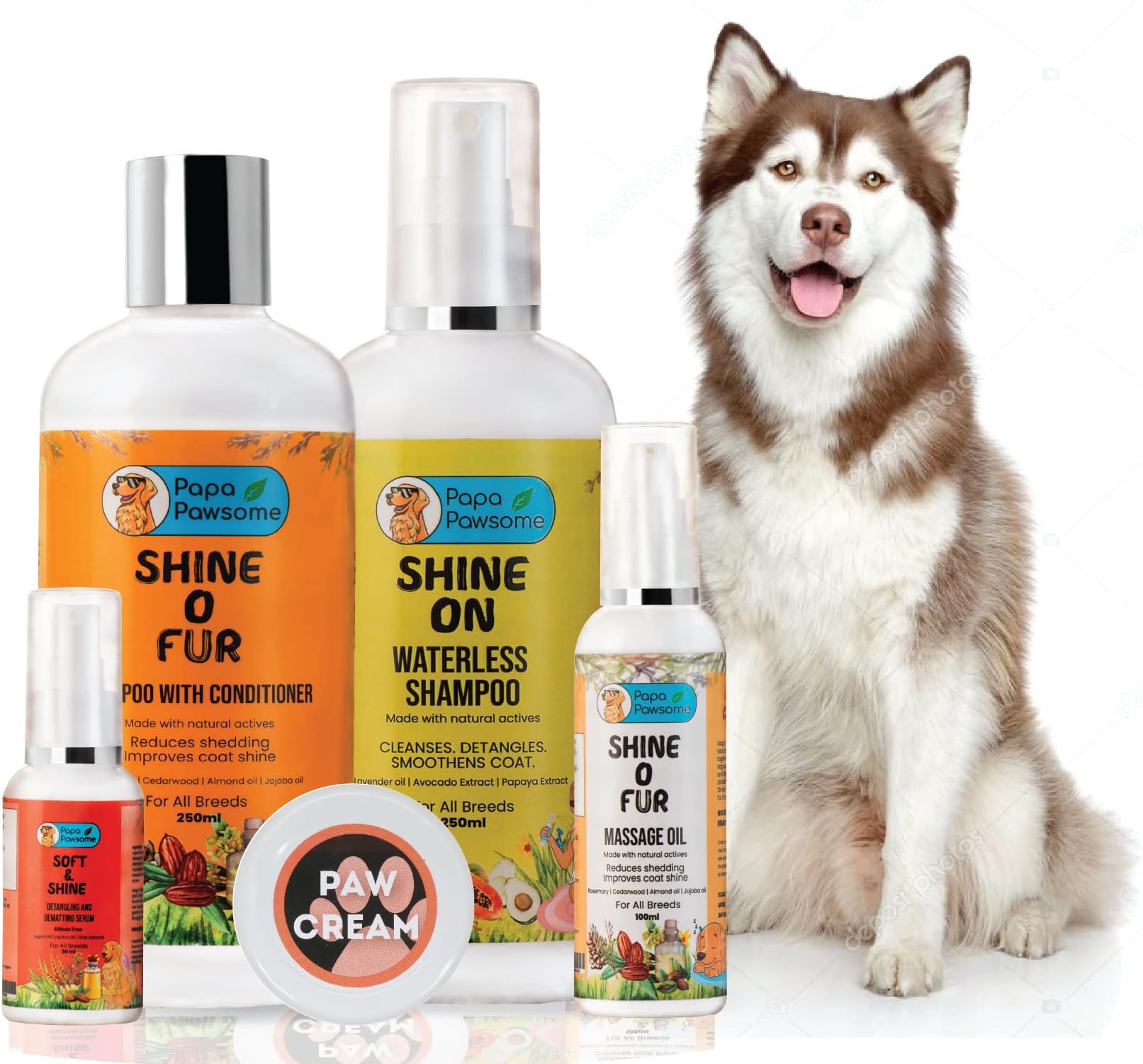 Husky Complete Grooming Kit - Shine O Fur Shampoo & Conditioner 250ml + Waterless Shampoo 250ml + Massage Oil 100ml + Detangling Serum 50ml + Paw Cream 25gm