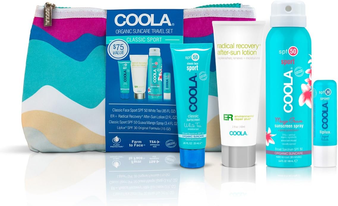 COOLA Sport 4 Piece Travel Kit, Sunscreen Spray, After Sun Lotion, Face Sunscreen & Liplux Lip Bam, Broad Spectrum SPF 50, Reef-Safe