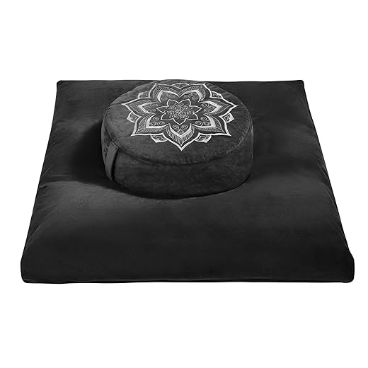 Meditation Zafu Cushion Set with Buckwheat Hulls & Memory Foam - Ergonomic Support for Yoga & Sitting - Removable Machine-Washable Luxury Velvet Cover - for Adults and Kids (Black)