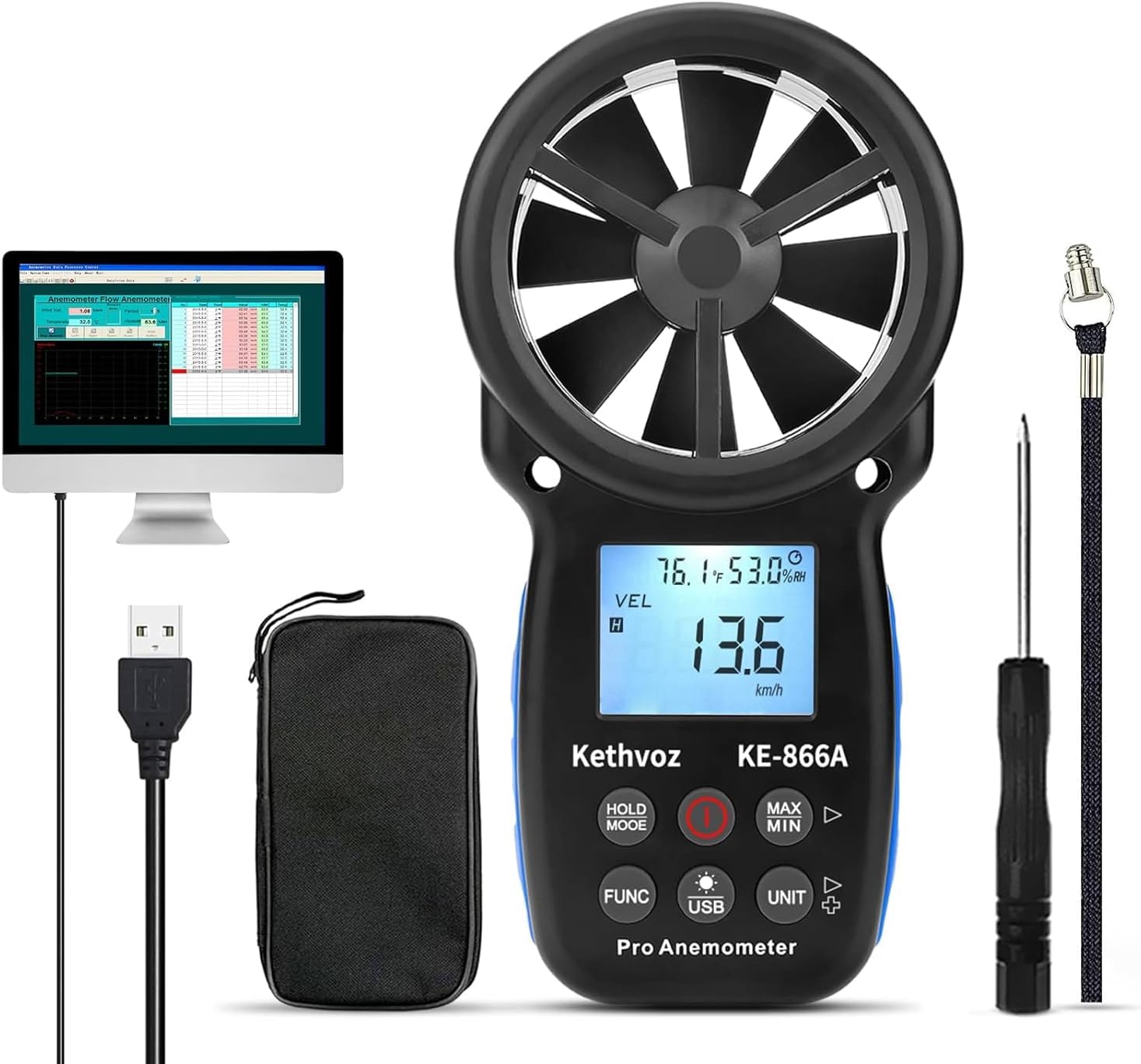 – Kethvoz 866A CFM Wind Gauges - Handheld Anemometer, Air Velocity Tester, Measures Wind Speed, Airflow, Humidity & Temperature for HVAC Drone Flight & Photography