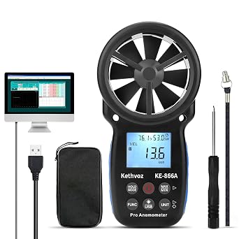 Handheld Anemometer CFM Meter, Kethvoz HVAC Airflow Meter Measure Wind Speed Airflow Monitor Humidity Temperature for Dust Collector AC Air Vent 866A