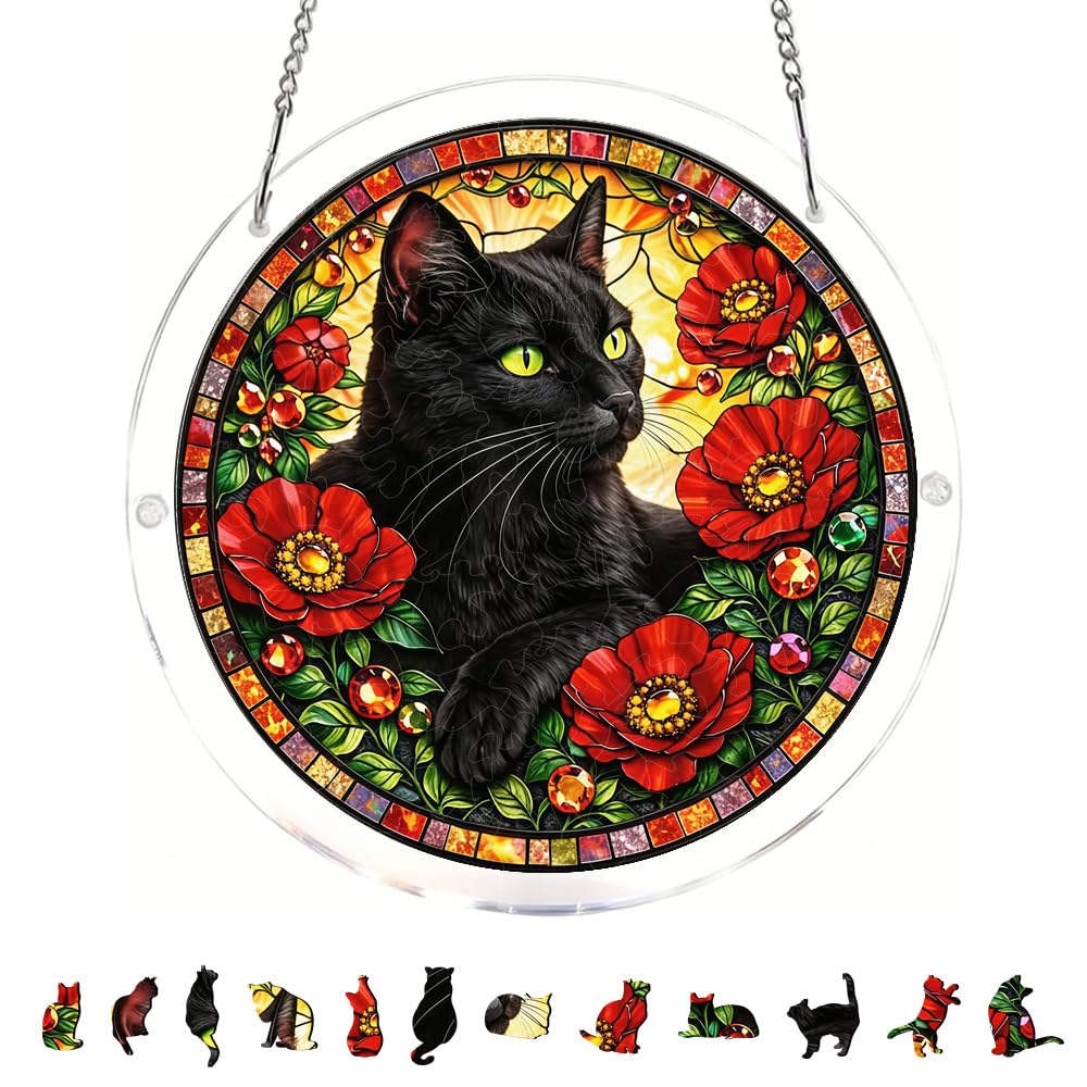 83 Pieces Hanging Acrylic Suncatcher Puzzle,DIY Acrylic Jigsaw Puzzle for Adults, 2mm Transparency Acrylic, Acrylic Suncatcher Puzzles for Doors Garden Window (Red Flower Cat, 8.2 Inches)