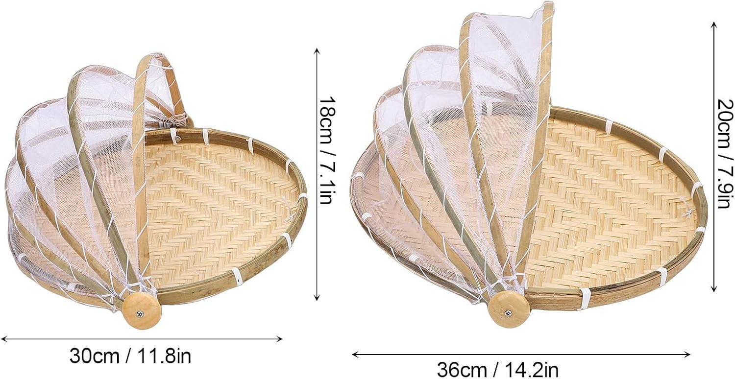 Round Tent Basket, Wood Woven Food Serving Basket with Mesh Net Cover, for Outdoor Picnic Camping BBQ Party Kitchen Decor