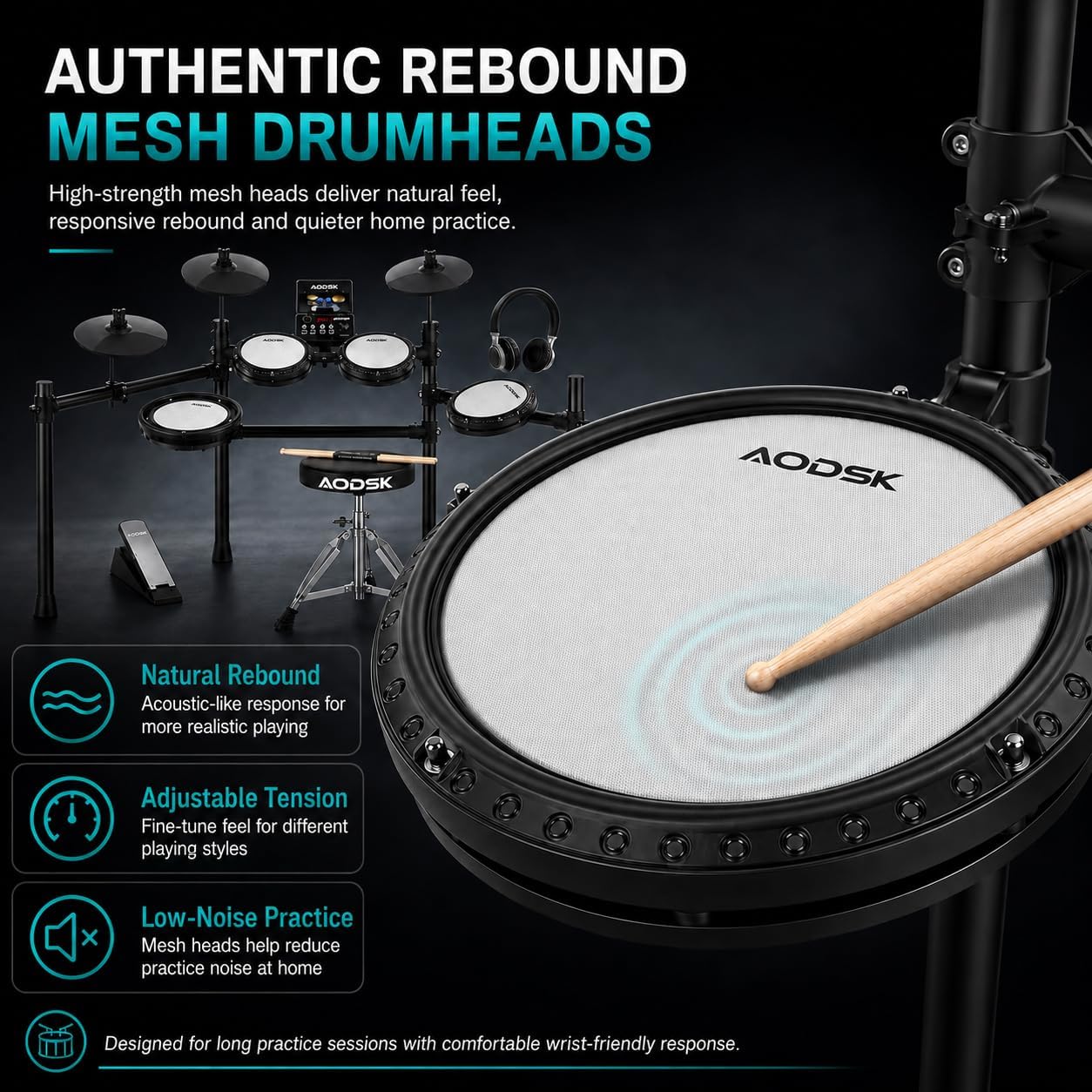 AODSK Electronic Drum Set, Professional Mesh Drum Pads, Upgraded Sound Module 260 sounds/30 Kits/20 Songs,Includes Sticks,Headphones,drum throne (2026 New Upgraded) image 3