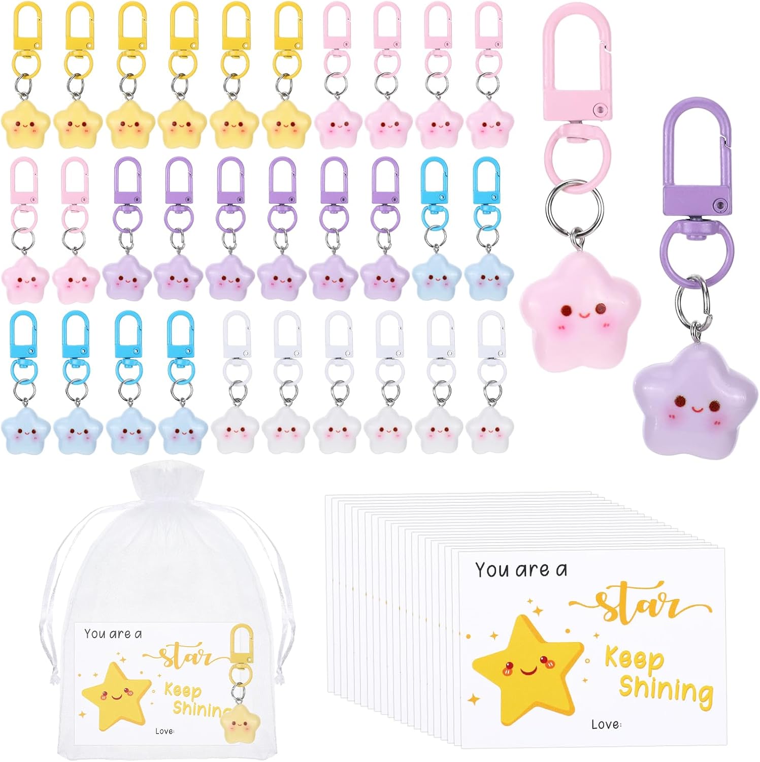 Star Keychain Bulk, 30 Sets Cute Stars Keychains with You are a Star Cards and Motivational Gift Bags