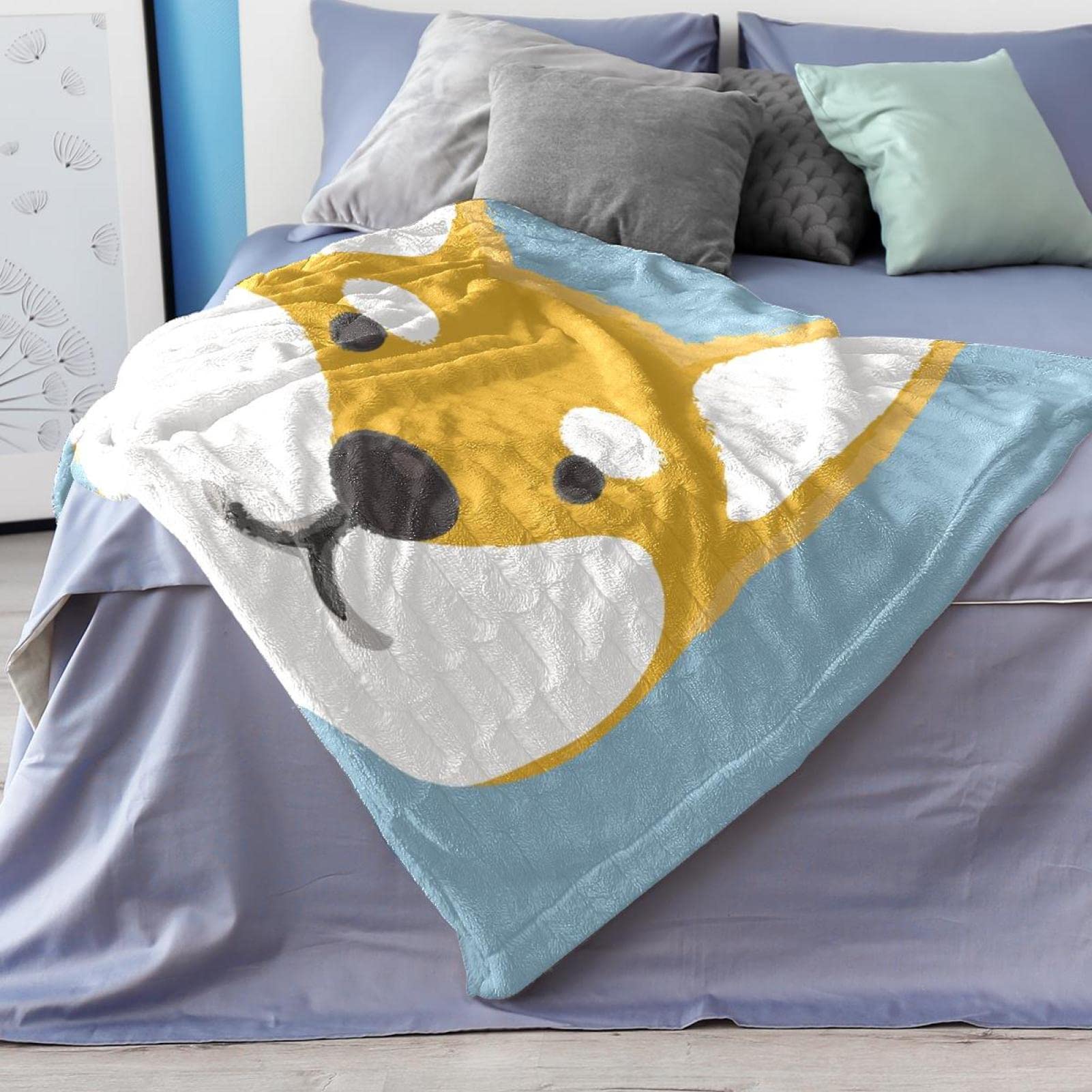 Manta de forro polar para sofá, sofá o cama, manta suave y acogedora para perro corgi galés, fondo azul