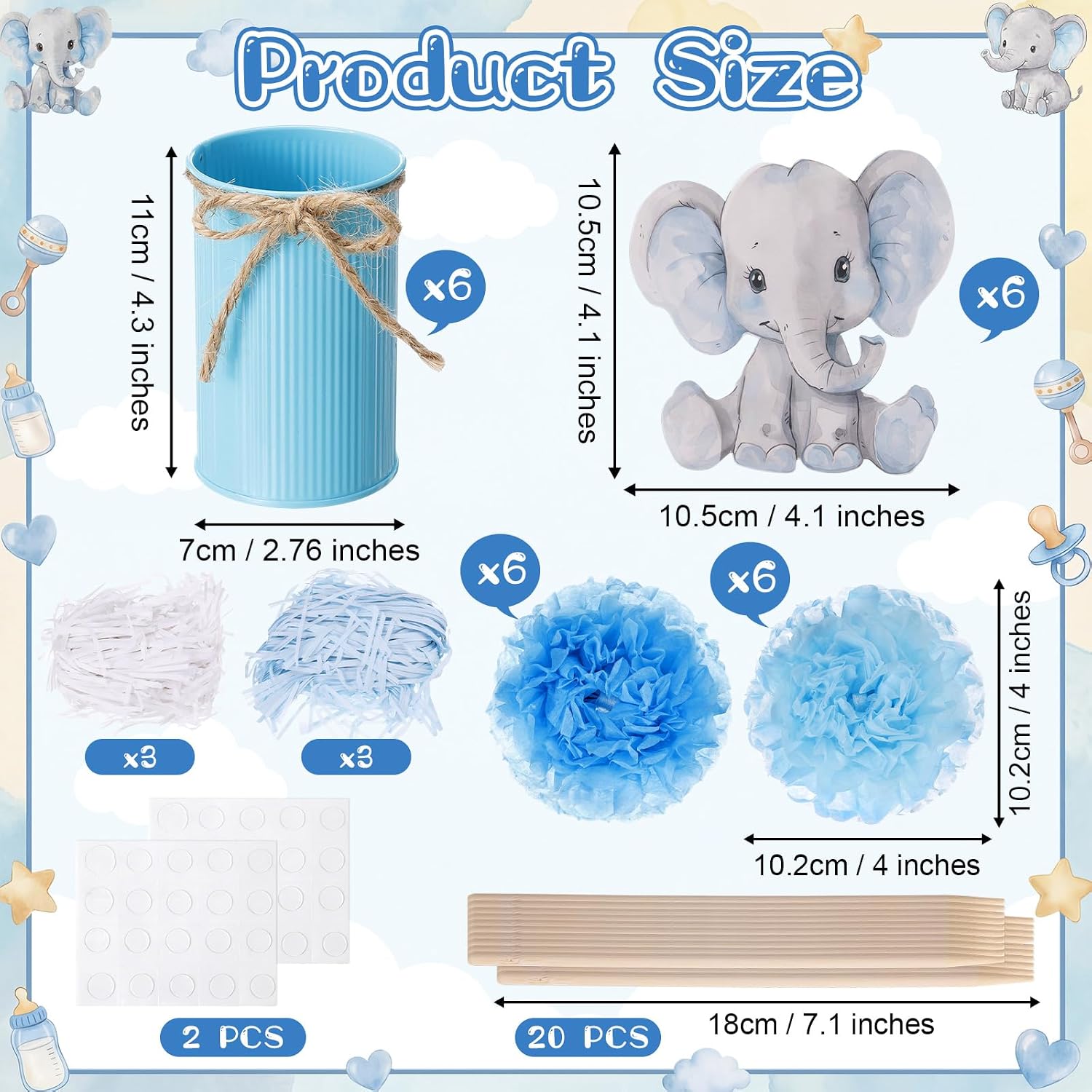 Spiareal 6 Sets Blue Elephant Baby Shower Vase Decorations, Cute Pom Poms Centerpieces for Tables with Tin Vases Sticks, Animal Theme Gender Reveal Photo Booth Props Birthday Party Supplies