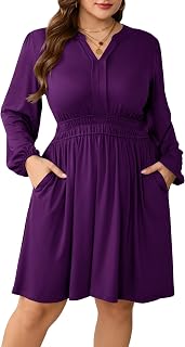 Plus Size Dresses Womens Casual Elastic Waist Long Sleeve V Neck Midi Flowy Dress with Pockets