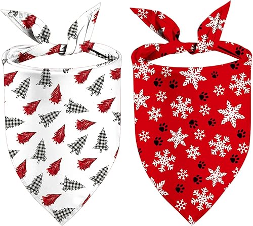 Paquete de 2 bandanas de Navidad para perros, árboles de Navidad rojos+bufandas de perro con patas de nieve para niños y niñas, bufandas para