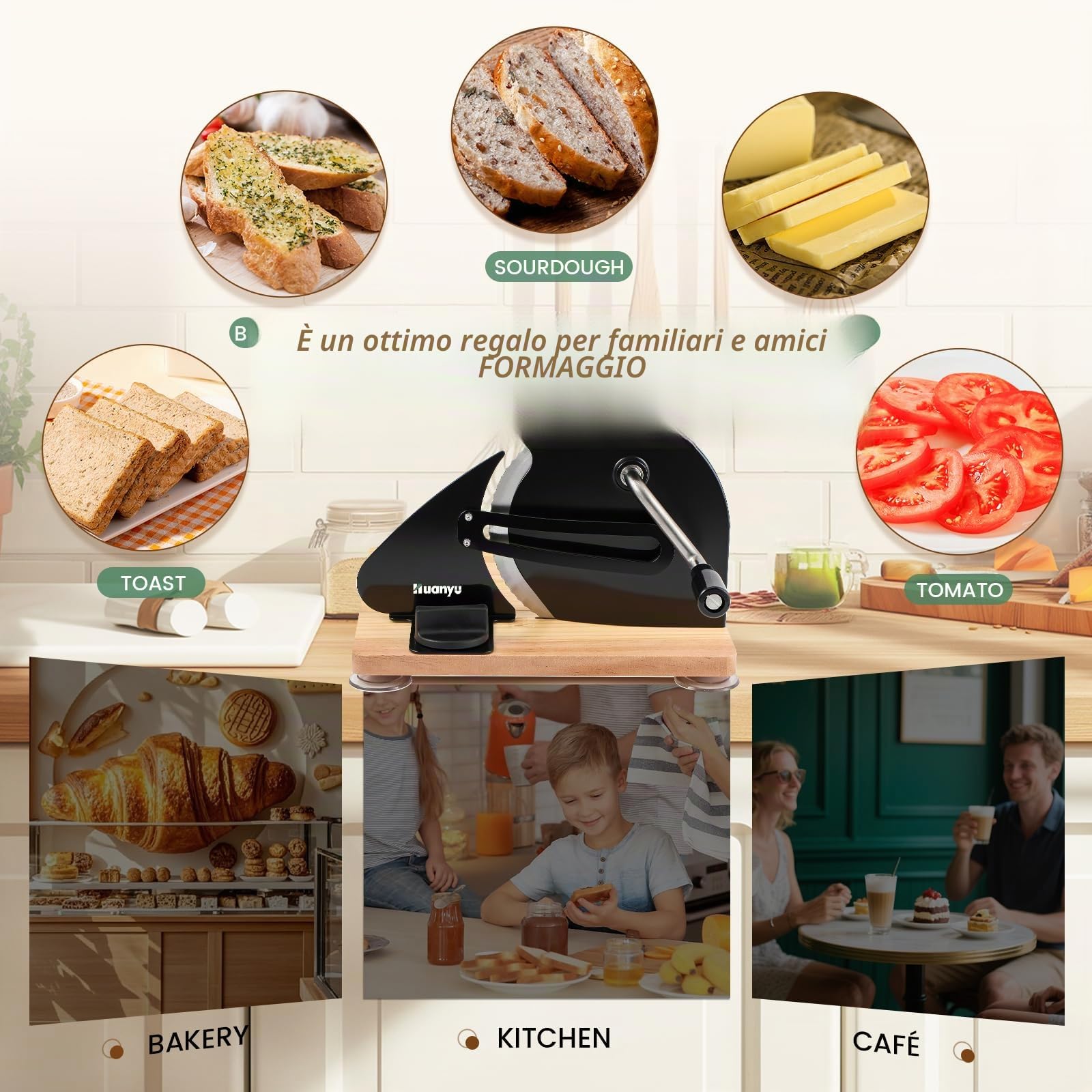 Huanyu Affettatrice manuale per pane con spessore regolabile da 0 a 2 cm Affettatrice pieghevole per pane a lievitazione naturale con ventose (Nero)