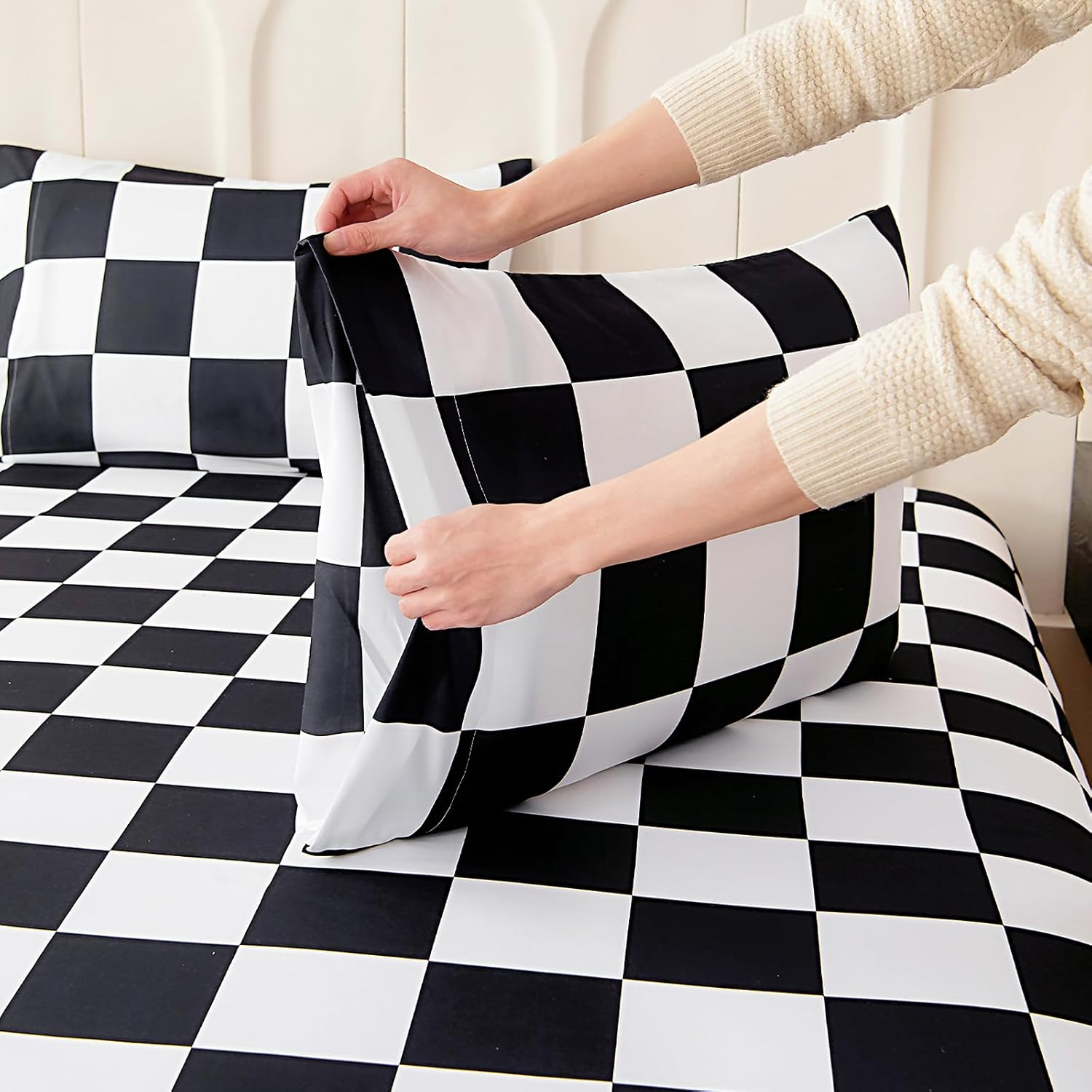 Twin Sheet Set Kids - Black&White Plaid 3 Pieces Soft Microfiber Cartoon Style Bedsheets for Boys Girls Teens, Oeko TEX Breathable 15 Inch Deep Pocket Sheets(Chequered Flag)