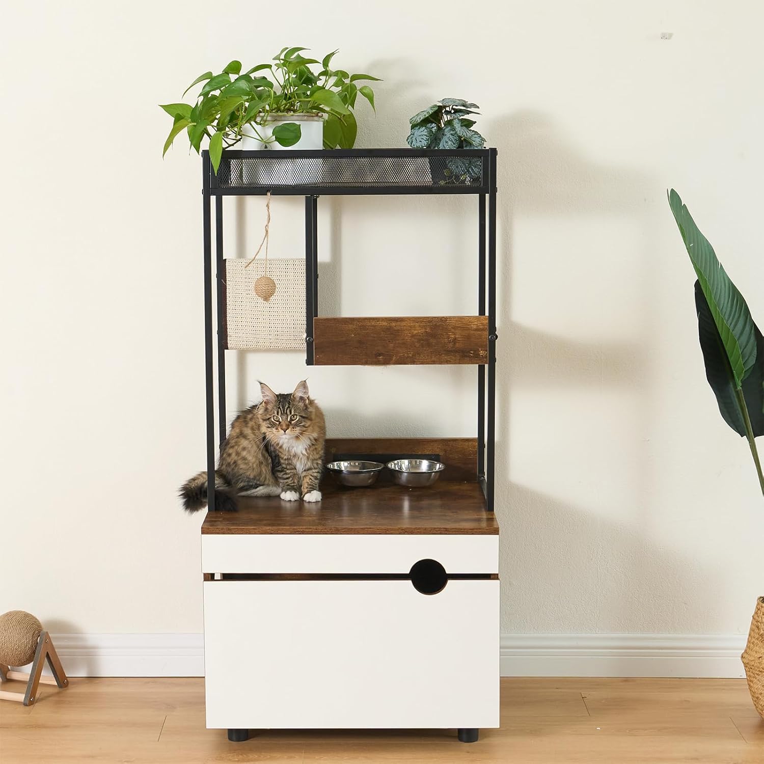 Cat Litter Box Enclosures with Storage Shelves，3 Level Cat Tree Tower with Elevated Cat Feeding Bowl,Hidden Cat Washroom,Cat Condo for Living Room，Brown