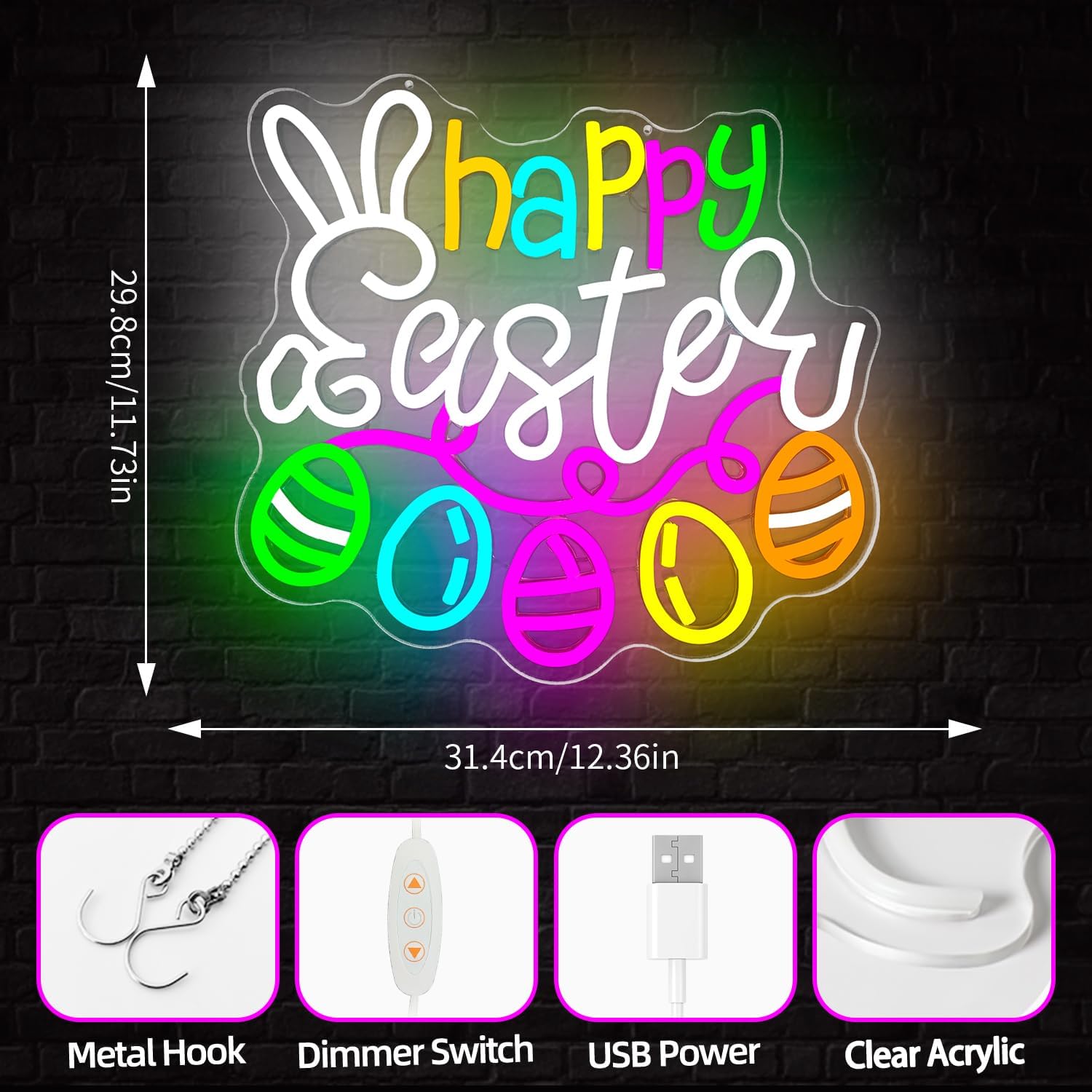Happy Easter Neon Sign Dimmable Flashing Easter Eggs Led Sign Bunny Shape Spring Neon Light Multicolor Eggs Neon Window Lights for Party Home Decor