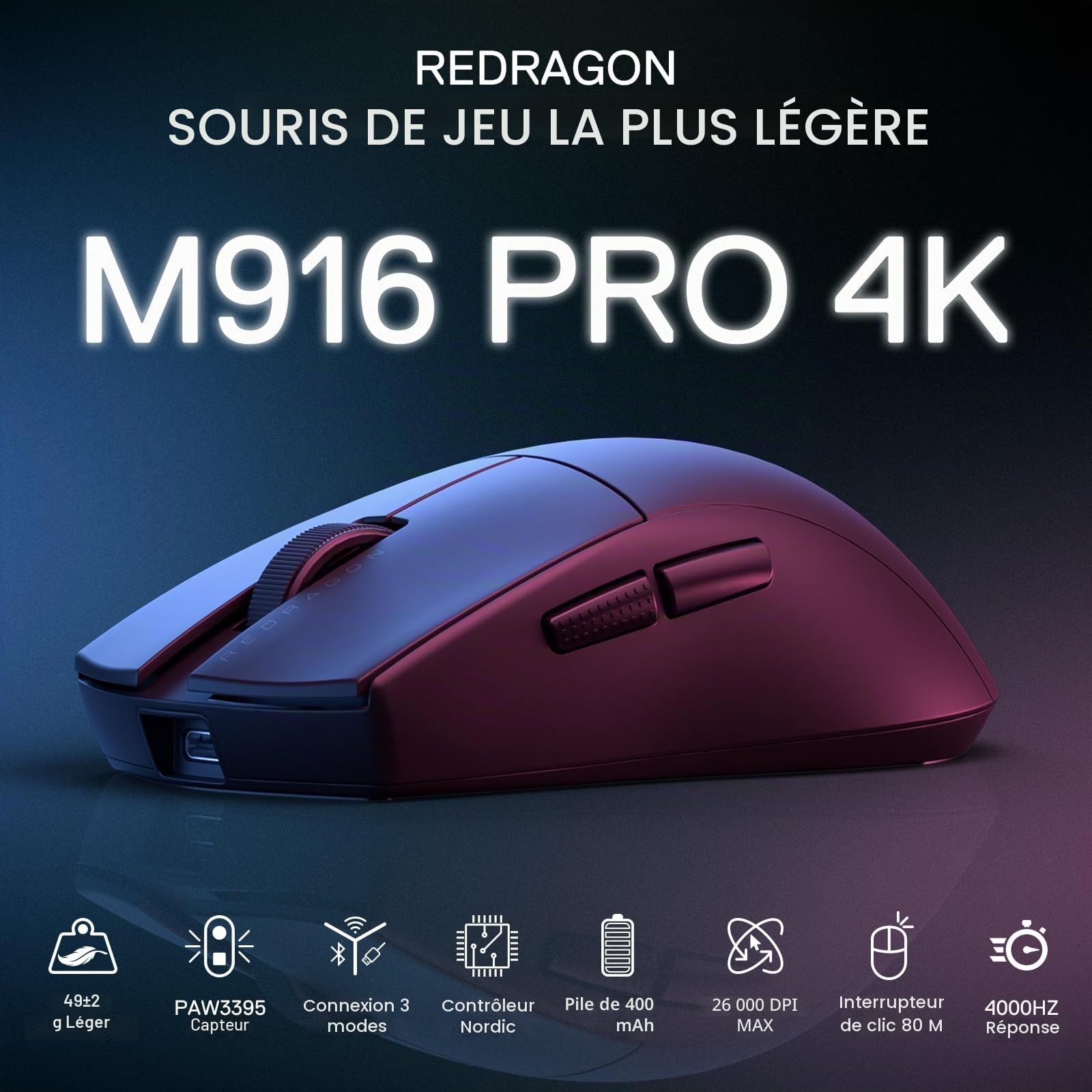 Redragon M916 Pro Souris sans Fil 3 Modes 4K 26000 DPI | souris gaming sans fil 3 modes 4K hyper rapide 26000 DPI ergonomique macros redéfinies ultra légère