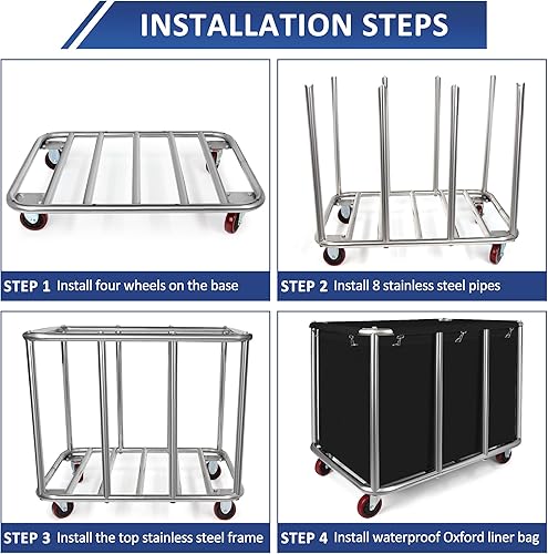 Miniatura 6 de Carrito de lavandería comercial con ruedas, carrito de lavandería industrial de 11.35 pulgadas (400 L), cesta de lavandería comercial con marco de