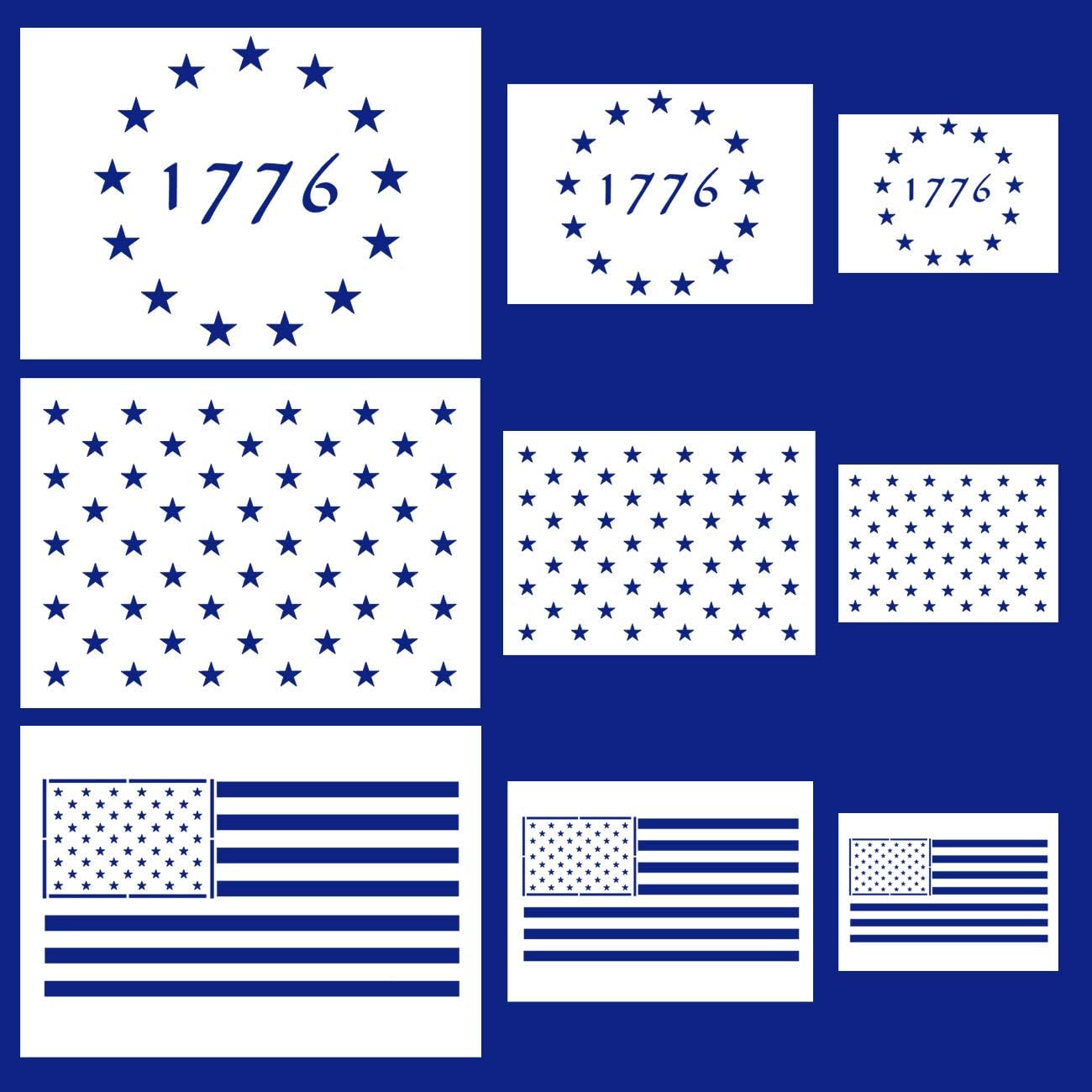 BUSOHA American Flag Star Stencil Templates - 9 Pack 50 Stars 1776 13 Stars Flag Reusable Plastic Stencils for Painting on Wood,Walls,Fabric, Paper, Airbrush, Walls Art,DIY Drawing (3 Sizes)