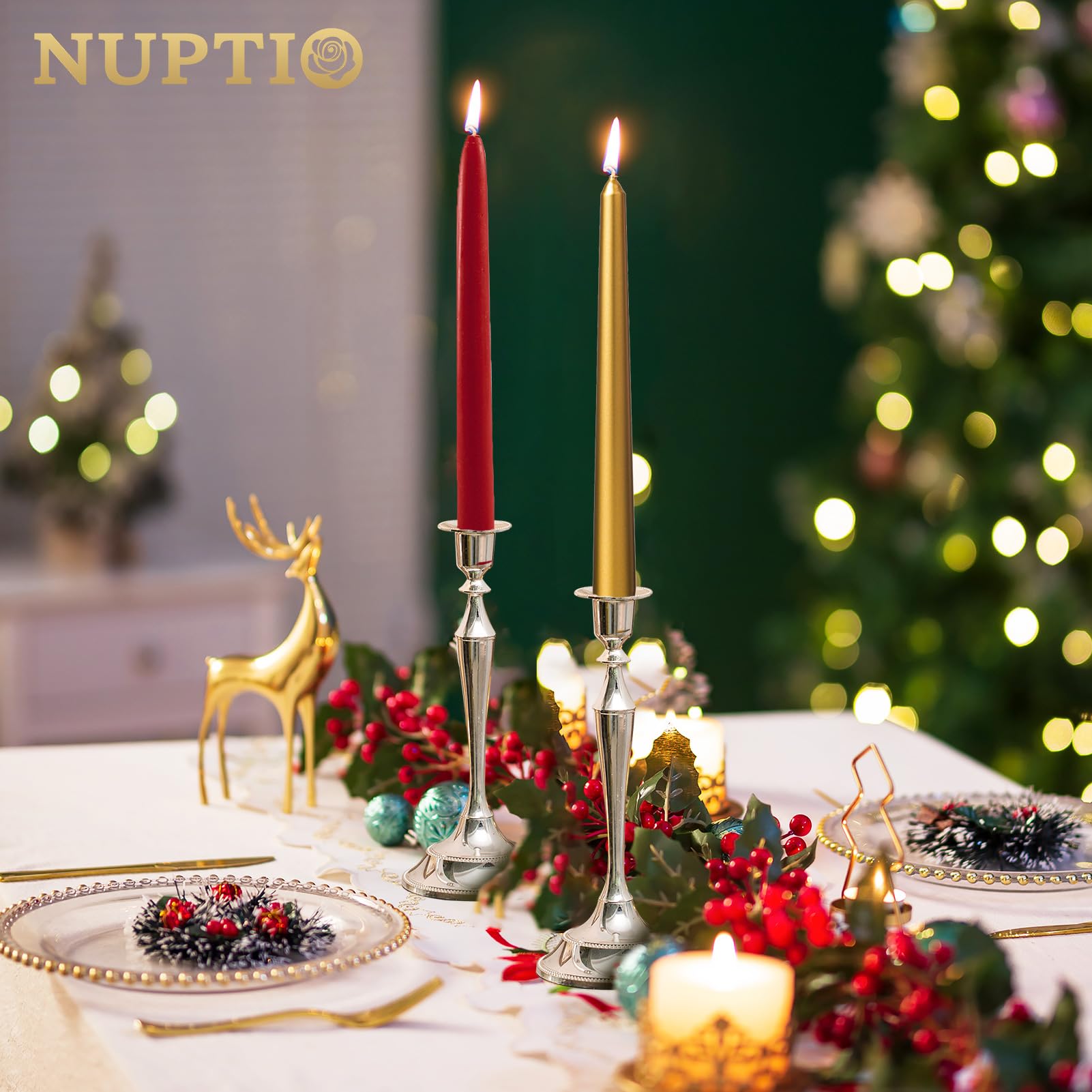 Nuptio Portacandele per Candele 2 Pezzi Argento Candela Bastoni Sta 24.5cm Alto Cono Portacandela per Matrimonio Festa di Compleanno Tavolo Centerpieces Camino Decorazione di Natale