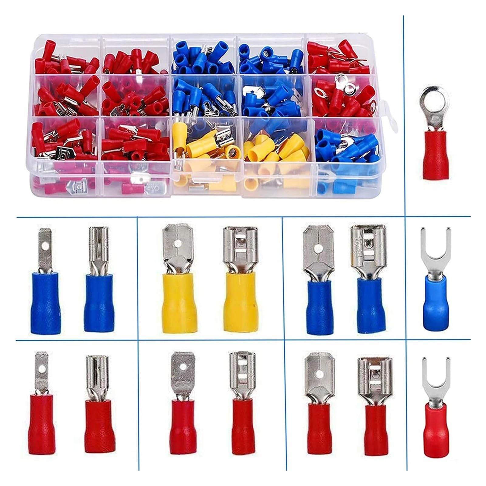 280 Pack Assorted Pin Copper Terminal Insulated Cable Connector Crimp Fork Set for Wire Ring + Clamp(280pcs)