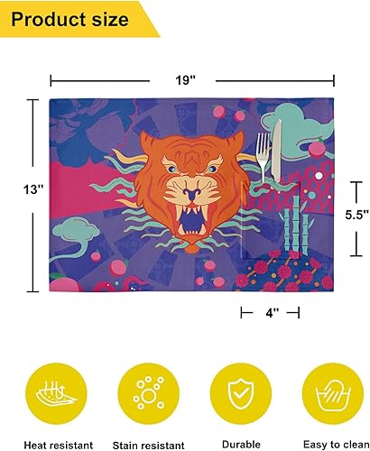 Miniatura 6 de Cartoon Tiger Table Placemats for Dining Table Set of 6,Cotton Linen Cloth Kitchen Place Mats with Pocket,SquareRectangleRoundOblong Table